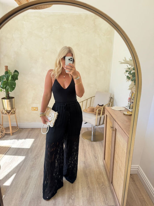 Black Lace Satin Trousers