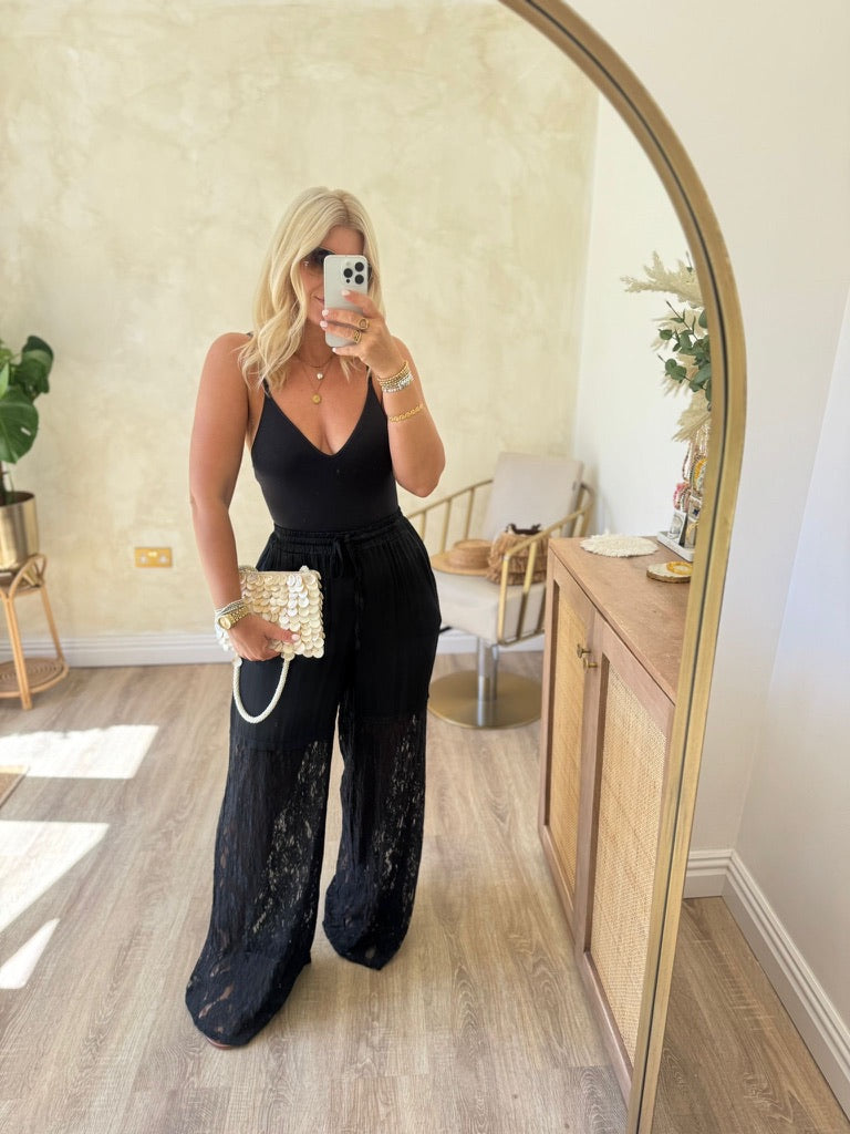 Black Lace Satin Trousers
