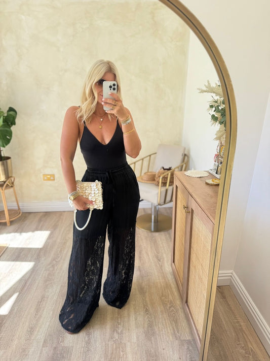 Black Lace Satin Trousers